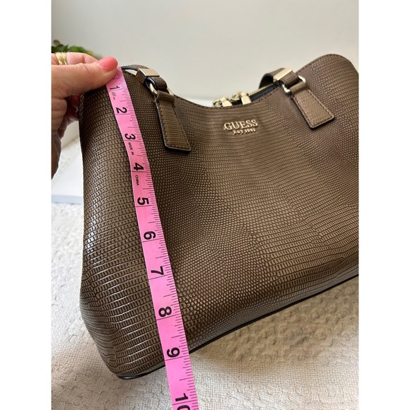 GUESS‎ Satchel Purse Brown Lizard Embossed Faux Leather Top Handle Bag - Picture 15 of 16